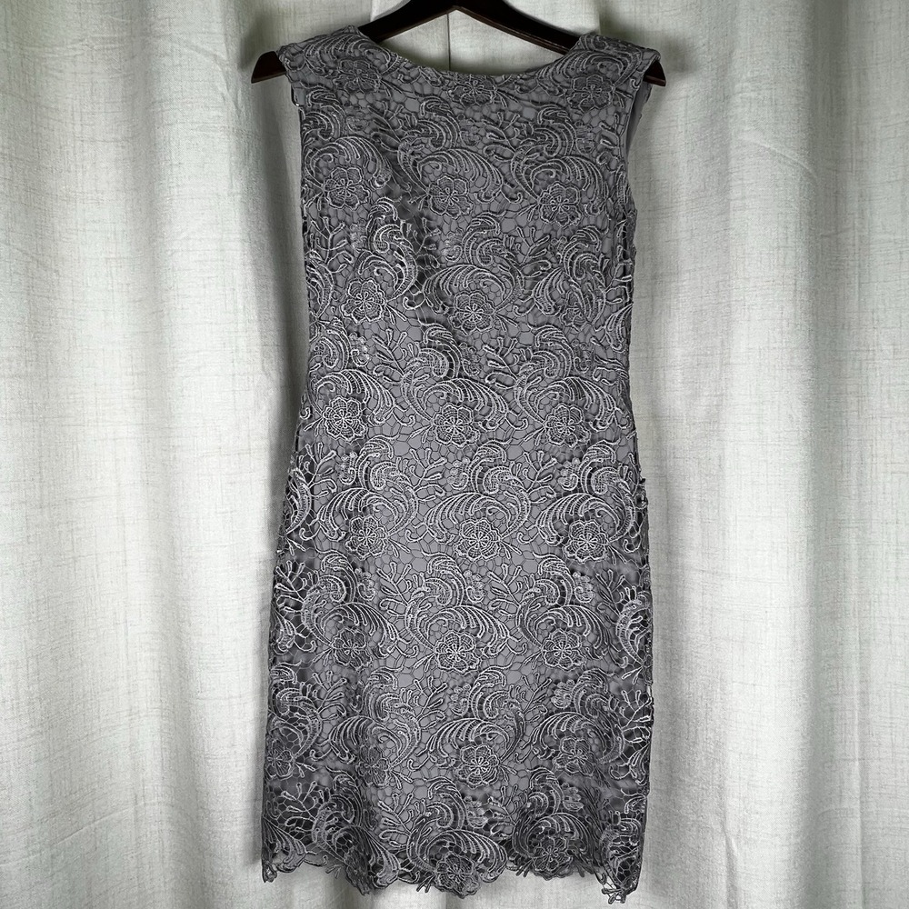 NEW! Lauren Ralph Lauren Evening Dress 2 Sheath Gray Cap Sleeve Lace Embroidery
